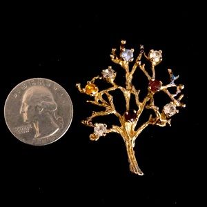 Vintage Tree of Life Brooch- gold tone w/ multicolored stones